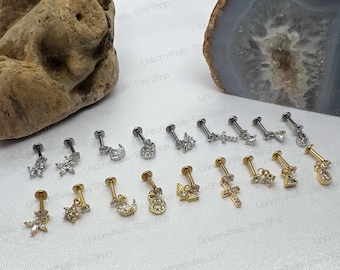 Dangle Earrings Flat Back Silver Gold Stud Clear Gem Tragus Nose Helix Cartilage Labret Piercing Screw On Dahlia Rook Lobe 6mm 16G Bar