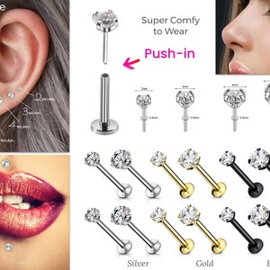 20G Cartilage Piercing Stud Push In Pin 6mm 8mm Bar Clear Gem Flat Disc Back Boucles d'oreilles Tragus Nez Helix Labret Medusa Bites Rook Lobe Conch image 1