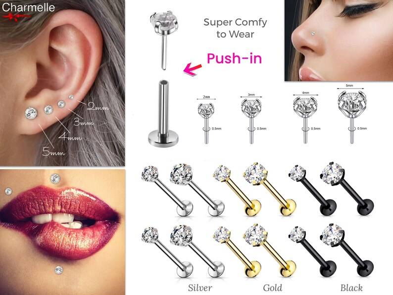 20G Cartilage Piercing Stud Push In Pin 6mm 8mm Bar Clear Gem Flat Disc Back Boucles d'oreilles Tragus Nez Helix Labret Medusa Bites Rook Lobe Conch image 1