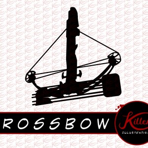 May include: Black and white silhouette of a crossbow with the text "CROSSBOW" below it. The text "Killer Illustrations" is in a red circle with a black background.