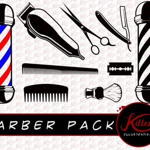May include: A black and white illustration of a barber shop pack. The pack includes a barber pole, a razor, a comb, a pair of scissors, a straight razor, and a shaving brush. The text "Barber Pack" is written in black letters on a white background.