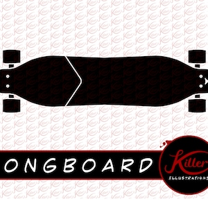 May include: Black and white silhouette of a longboard skateboard with wheels. The text "LONGBOARD" is in red and white on a black background. The text "Killer Illustrations" is in white on a red circle with black splatters.