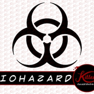 May include: Black and white biohazard symbol with the text "BIOHAZARD" in white letters below the symbol and the text "Killer Illustrations" in red letters below the text "BIOHAZARD".