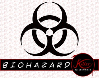 May include: Black and white biohazard symbol with the text "BIOHAZARD" in white letters below the symbol and the text "Killer Illustrations" in red letters below the text "BIOHAZARD".