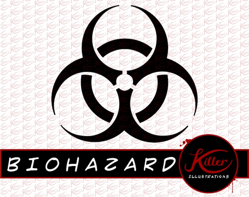 May include: Black and white biohazard symbol with the text "BIOHAZARD" in white letters below the symbol and the text "Killer Illustrations" in red letters below the text "BIOHAZARD".