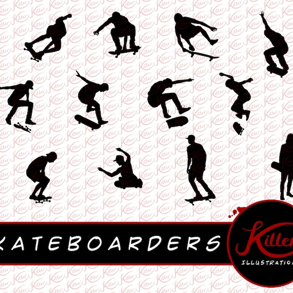 Skateboarders Vector - 12 Pack | Skateboarding Clip Art | Cut File| Instant Digital Download | Svg | Png | Pdf | Jpg | Eps | Dxf |