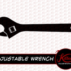 May include: Black silhouette of an adjustable wrench. The wrench is a common tool used for tightening and loosening nuts and bolts. The image is labeled "ADJUSTABLE WRENCH" and "Killer Illustrations".