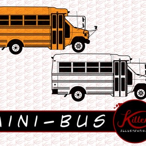 May include: A black and white line drawing of a mini school bus with the text "MINI-BUS" and "Killer Illustrations" below the bus.