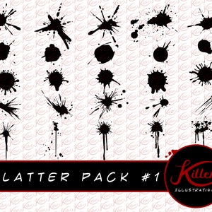Könnte beinhalten: Ein Satz von 25 schwarzen Tintenspritzern auf weißem Hintergrund. Die Spritzer sind in verschiedenen Formen und Größen. Der Text "Splatter Pack #1" befindet sich am unteren Rand des Bildes. Der Text "Killer Illustrations" befindet sich in einem roten Kreis unten rechts im Bild.