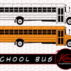 May include: A yellow school bus with black windows and a black door. The bus is on a white background with a red and white logo that says "Killer Illustrations".