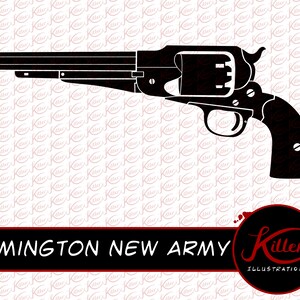 May include: Black and white silhouette of a Remington New Army revolver. The image is on a white background with a red and black logo that says "Killer Illustrations".