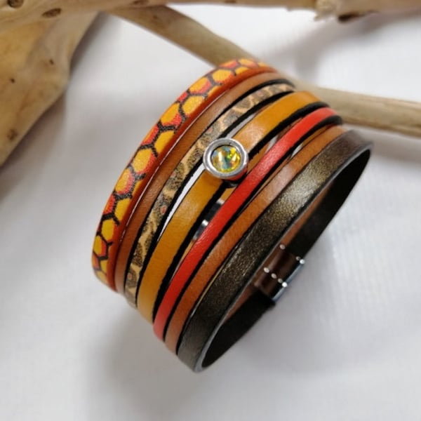 Bracelet "KLIMT" en cuir, marron et orange.