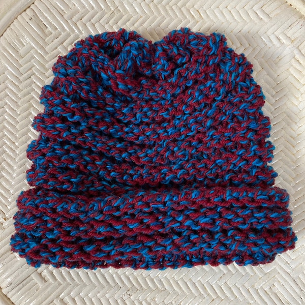 Bonnet grosse laine chinée bleu/rouge