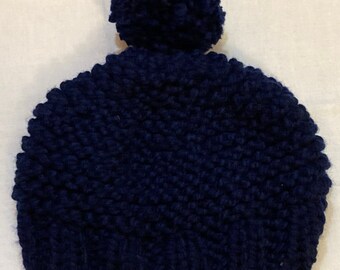 Large navy wool cap pompom