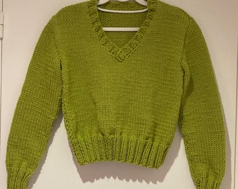 Pull col V grosse laine vert pistache