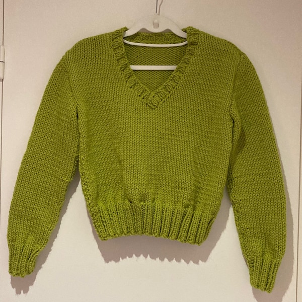 Pull col V grosse laine vert pistache