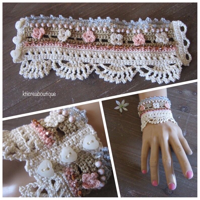 Ecru beige heart Crochet flower Cuff Bracelet boho chic pink grey