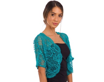 Evening Dress Topper, Turquoise Bolero Jacket, Shrugs & Boleros, Lace Cardigan, Cocktail Shrug, Wedding Guest Dress Topper, Fall Cover Up