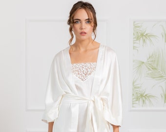 Silk Bridal Robe, Silk Dressing Gown, Kimono Robe, Midi Wedding Day Robe, White Robe For Bride, Women Loungewear, Plus Size Kimono Robe