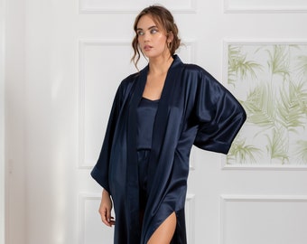 Bridesmaid Robe, Long Kimono Robe, Silk Dark Blue Robe, Robe With Slit, Sleep Robe, Bridal Party Robe, Cozy Home Robe, Silky Kimono, Gift