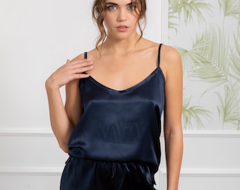 Silk cami pajama set of top and shorts, perfect dark blue jammies for bridesmaid