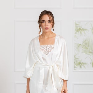 Silk Bridal Robe, Silk Dressing Gown, Kimono Robe, Midi Wedding Day Robe, White Robe For Bride, Women Loungewear, Plus Size Kimono Robe image 1