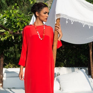 Italian silk kaftan midi dress in red color, available in plus size.