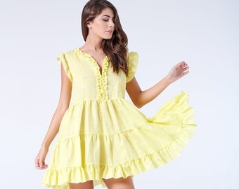 Geplooide jurk, mouwloze gele jurk, mini linnen jurk, roes jurk, gele lolita jurk, linnen zon jurk, plus size jurk, boho jurk