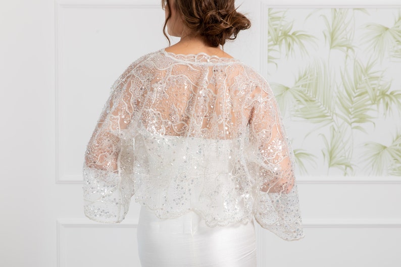 White Bridal Bolero, Shrugs & Boleros, See Through Bridal Jacket, Embellished Bolero, Bridal Separates, Summer Boho Wedding, Bridal Overlay image 3