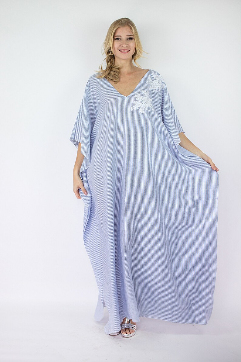 Linen Kaftan Dress Italian Linen Dress Lace Embroidered Kaftan Blue Striped Kaftan Maxi Caftan Linen Loungewear Plus Size Clothing
