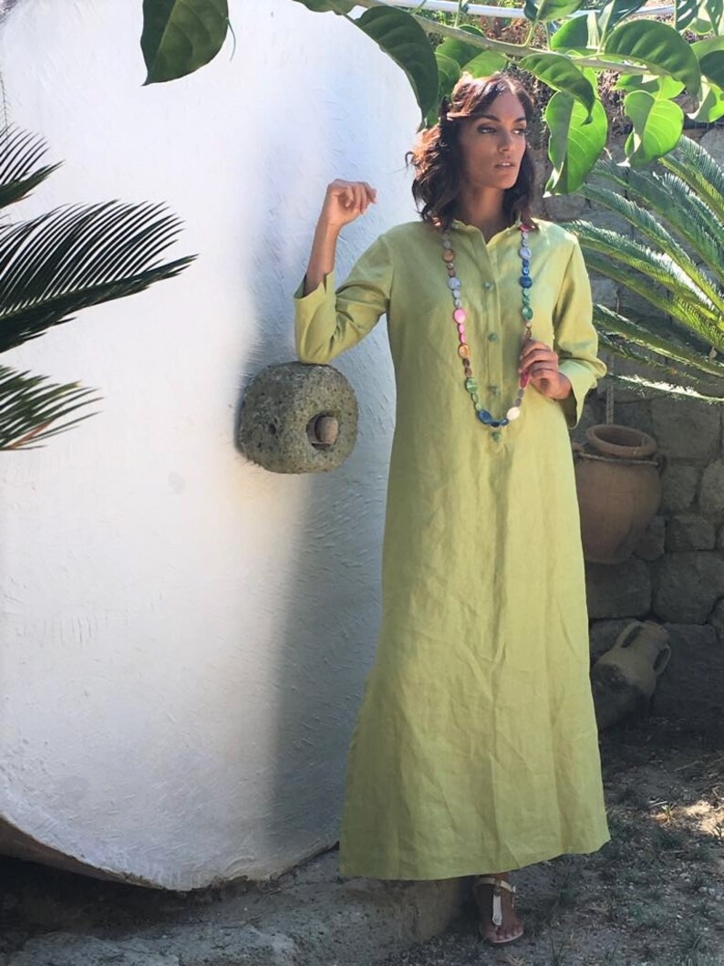 linen kaftan dress with button front made of small colored stones to make it unique Made in Italy
