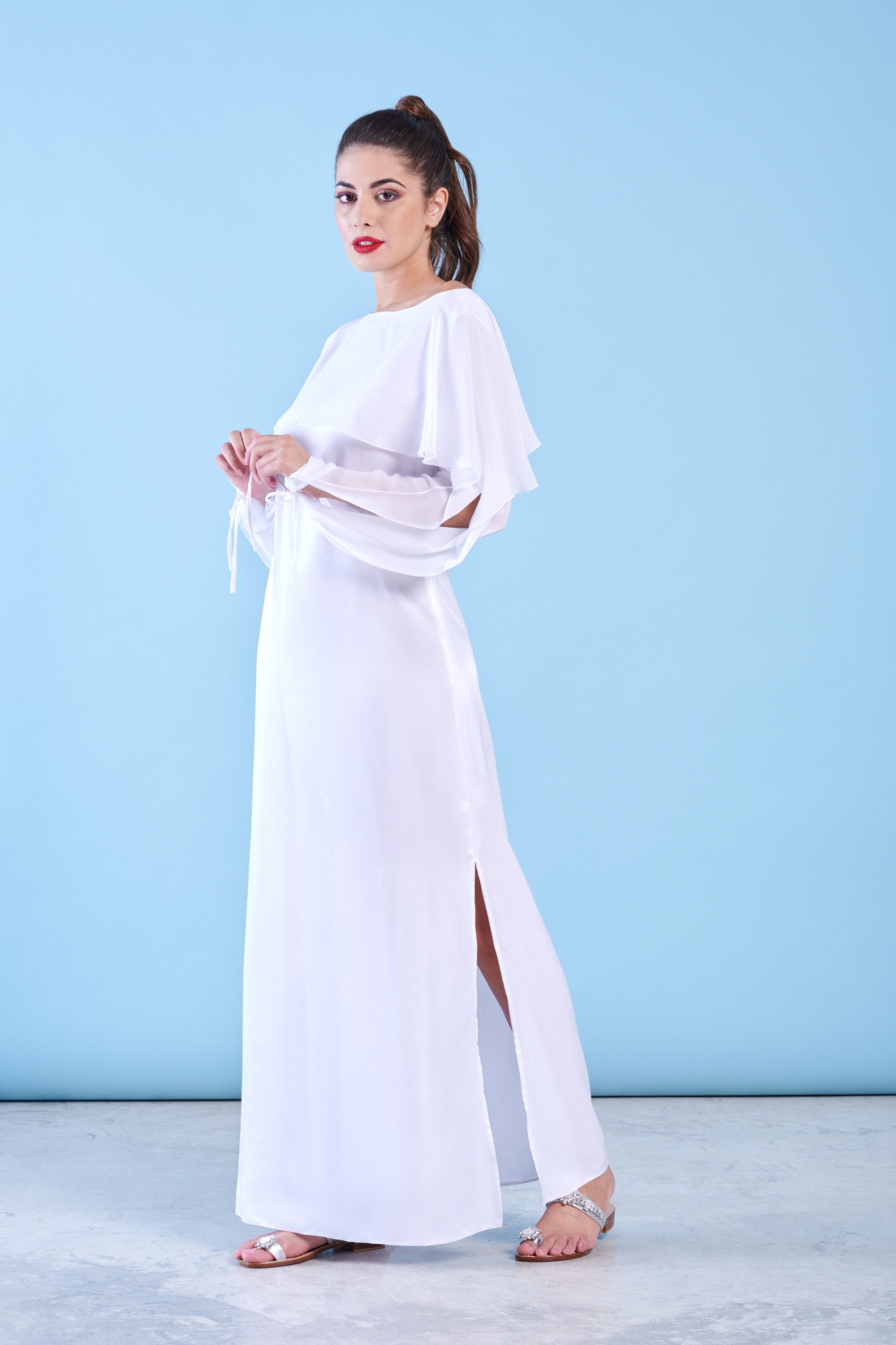 Simple Wedding Dress, White Maxi Dress, Plus Size Bridal Dress, White Slip Dress, Winter Wedding, Long Sleeves Dress, Ruffle Dress, Boho