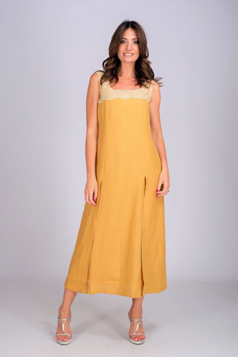 Marigold Linen Sundress Linen Crochet Dress Wedding Guest Etsy