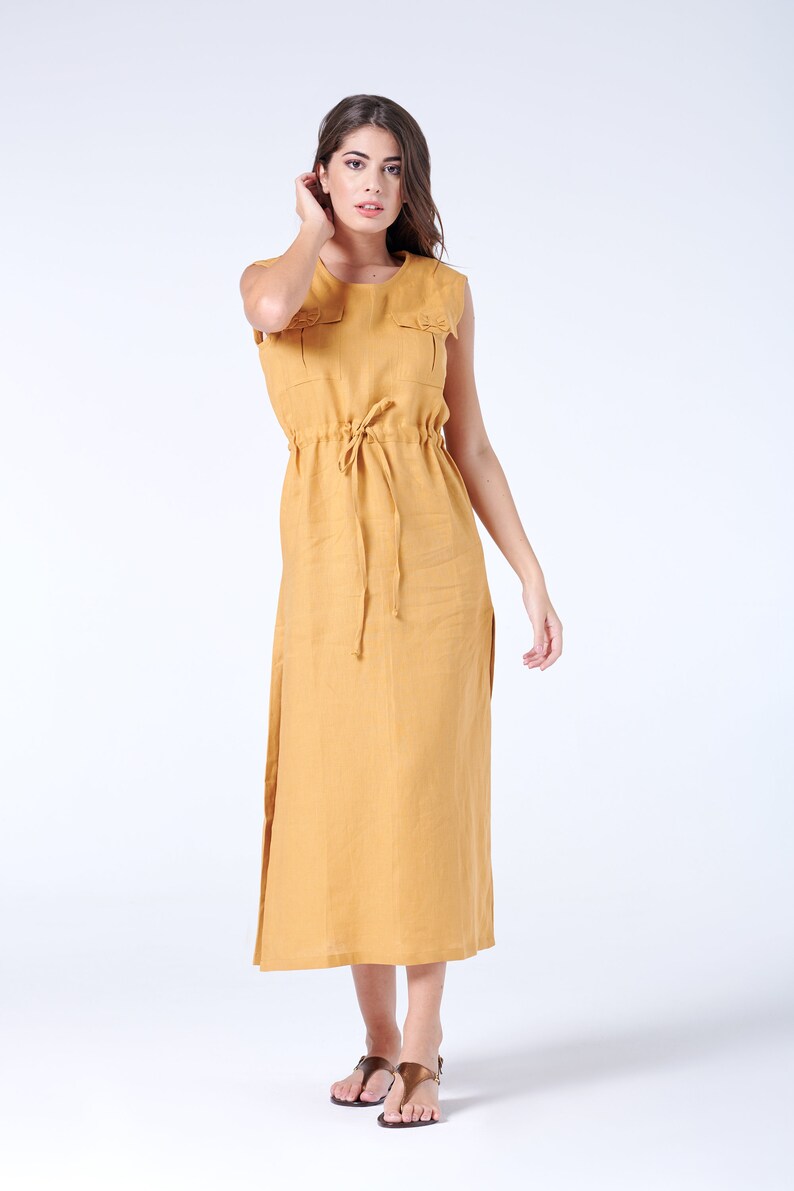 Maxi Linen Dress Mustard Yellow Linen Dress Peasant Etsy