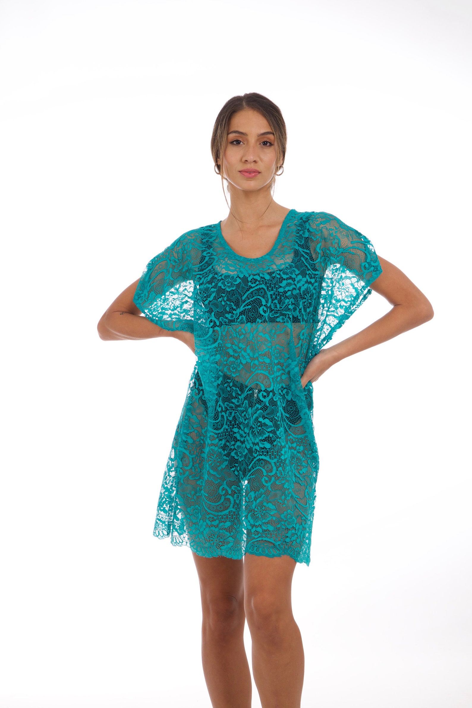 Turquoise Lace Dress Beach Cover Up Sheer Lace Tunic Etsy