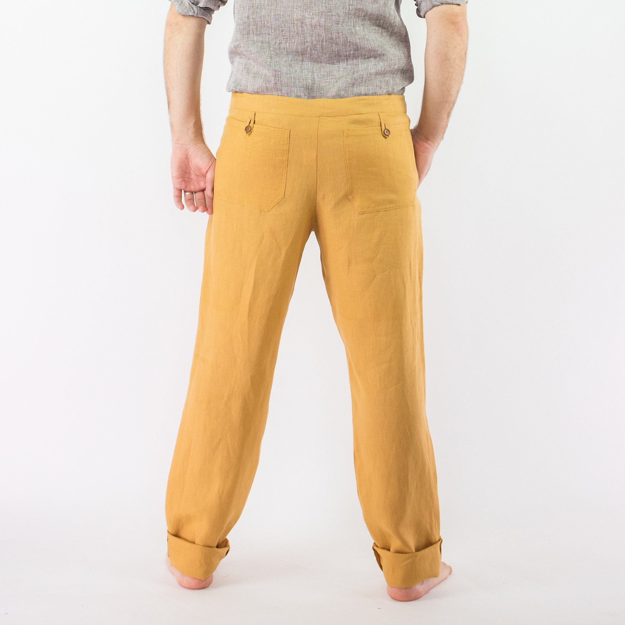 Mustard Linen Pants Men Trousers 