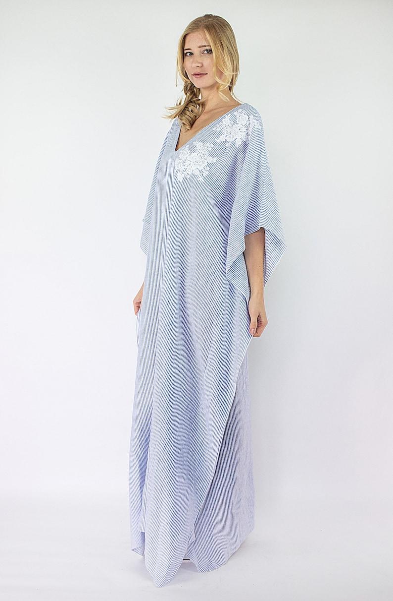 Linen Kaftan Dress Italian Linen Dress Lace Embroidered Kaftan Blue Striped Kaftan Maxi Caftan Linen Loungewear Plus Size Clothing