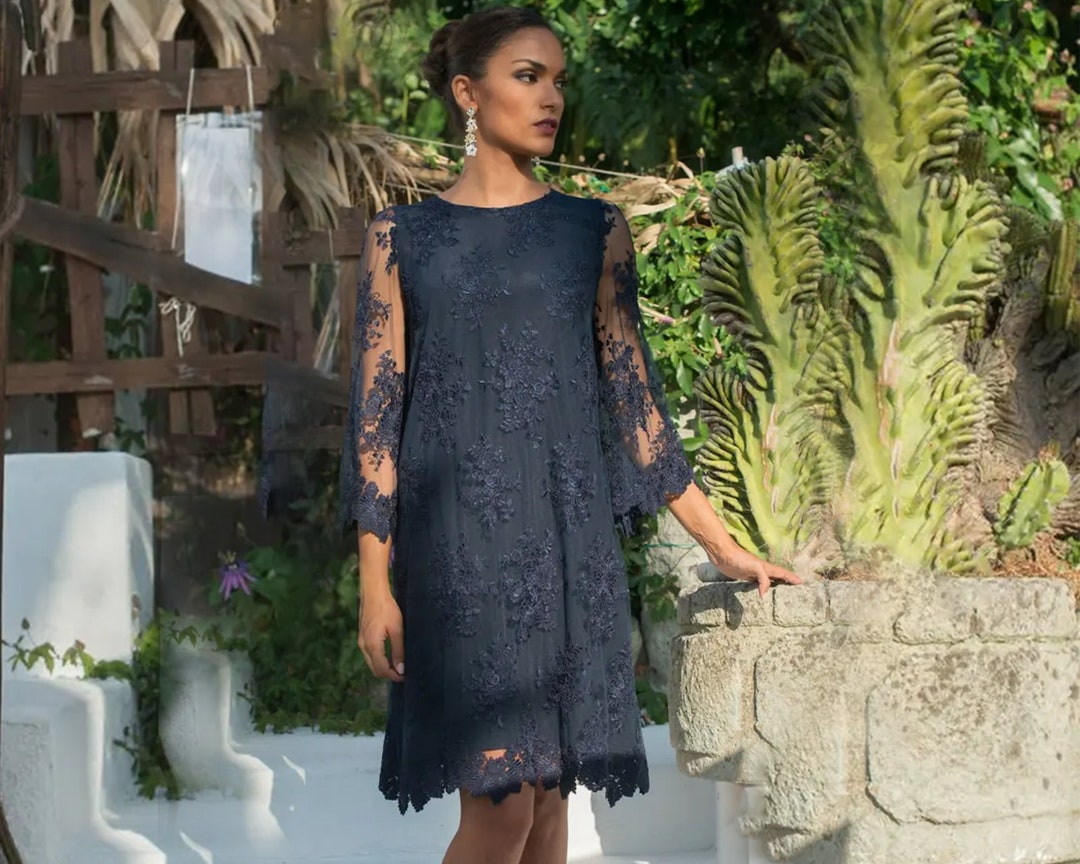 Stylish Blue Navy Dress With Floral Lace and Wonderful Silk - Etsy