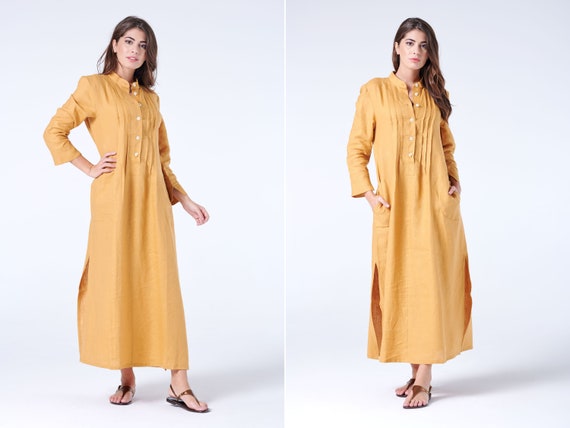 Mustard Linen Dress Long Sleeve Dress 