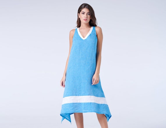 Blue Linen Dress Midi Dress for Women 