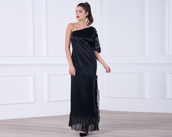 One Shoulder Dress, Mother Of The Bride Dress, Wedding Guest Dress, Minimalist Dress, Plus Size Dress, Black Satin Maxi Gown, Black Slit