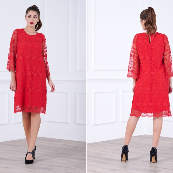 Red Lace Dress, Occasion Dress, Long Sleeves Dress, Red Plus Size Dress, Women Midi Dress, Lace Formal Dress, Bridesmaid Dress,Wedding Guest