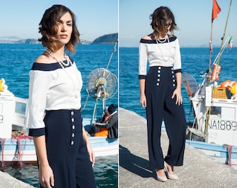 Nautical Clothing, Sailor Outfit For Women, Sailor Blouse, Elegant Trousers, Summer Outfit, Navy Sailor Blouse, 80s Sailor Outfit, Costume