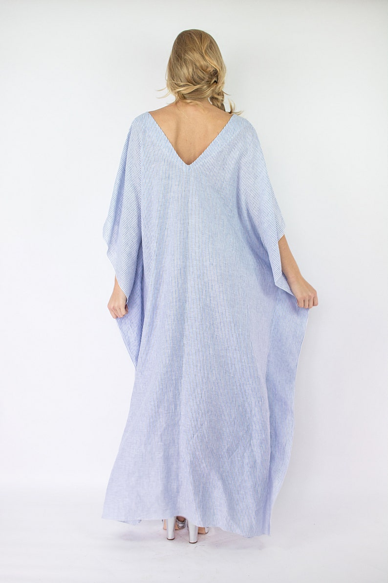 Linen Kaftan Dress Italian Linen Dress Lace Embroidered Kaftan Blue Striped Kaftan Maxi Caftan Linen Loungewear Plus Size Clothing