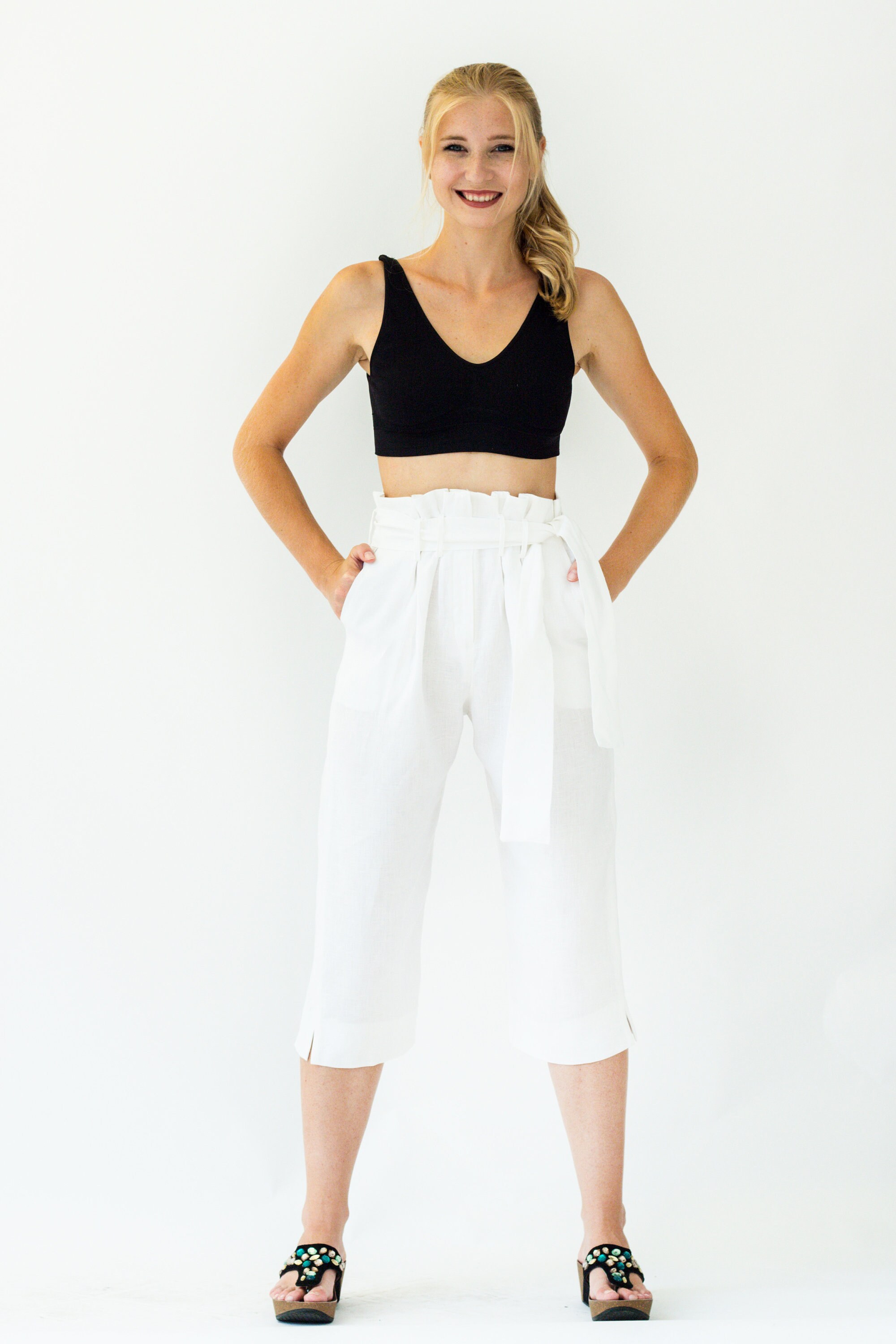 White Linen Trousers High Waist Pants 