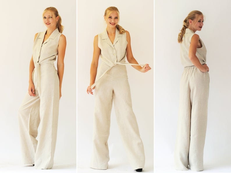 Set of 2 Linen Tie Top Linen Palazzo Pants Plus Size Etsy