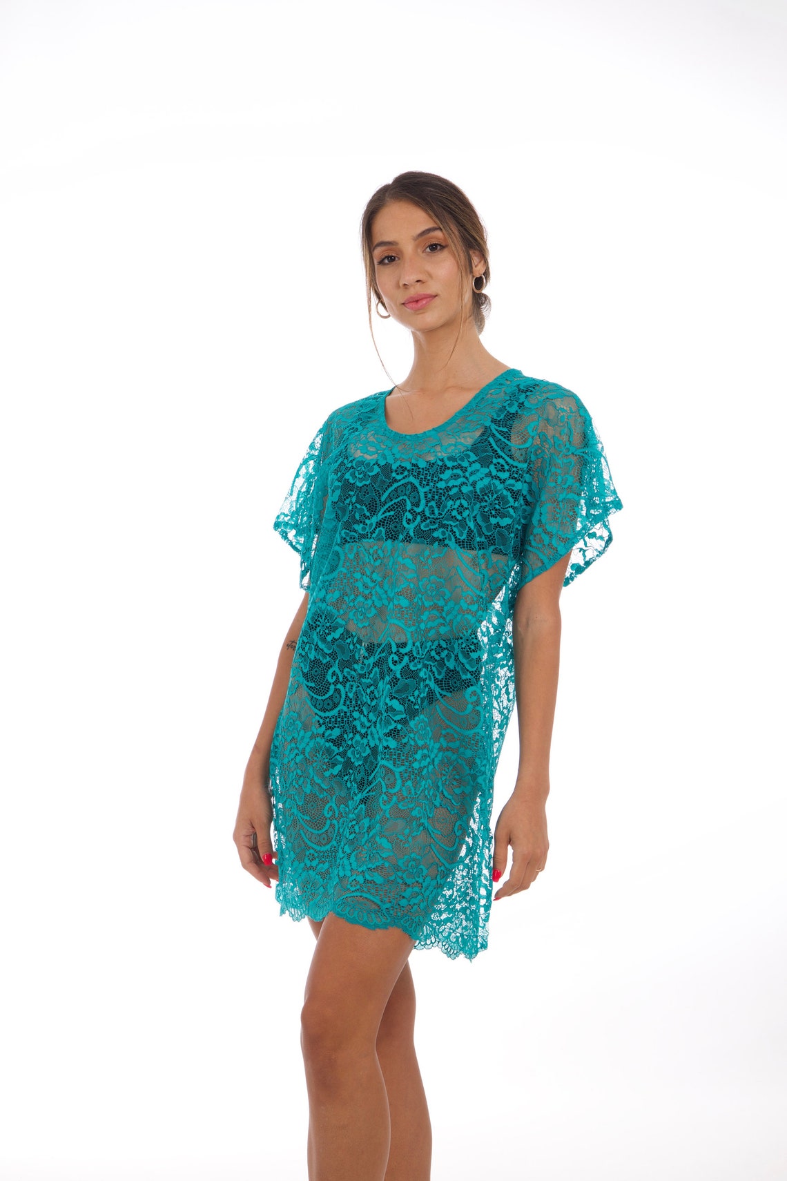 Turquoise Lace Dress Beach Cover Up Sheer Lace Tunic Etsy
