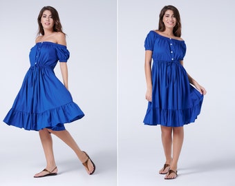 Baumwolle Midi Kleid, Blaues Rüschenkleid, Shirtwaist Kleid, Plus Size Kleid, Kreis Kleid, Fit and Flare Kleid, Baumwolle Bauernkleid, Schulterfreies Kleid