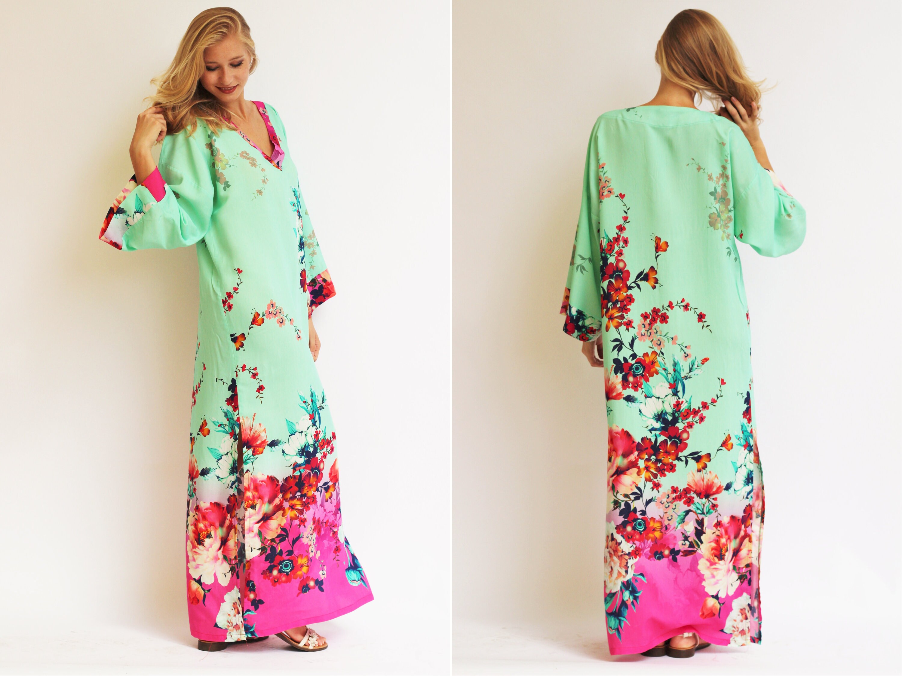 Maxi Floral Kaftan Flowers Kimono Dress 