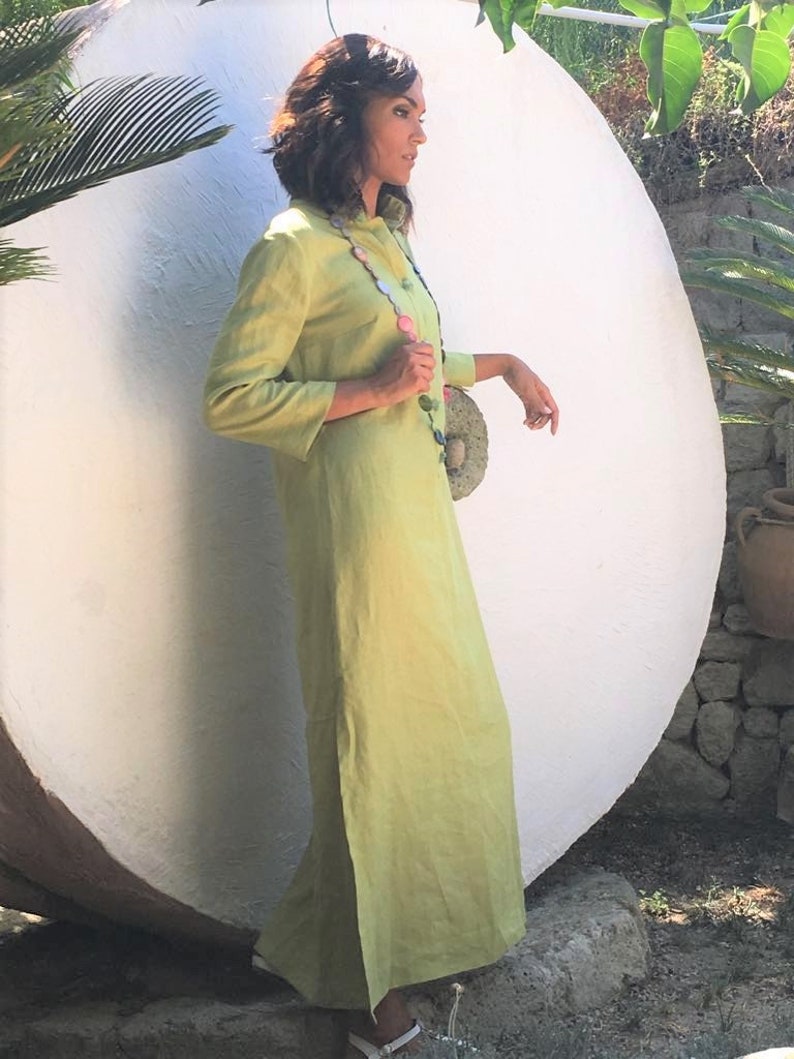 linen kaftan dress with button front made of small colored stones to make it unique Made in Italy